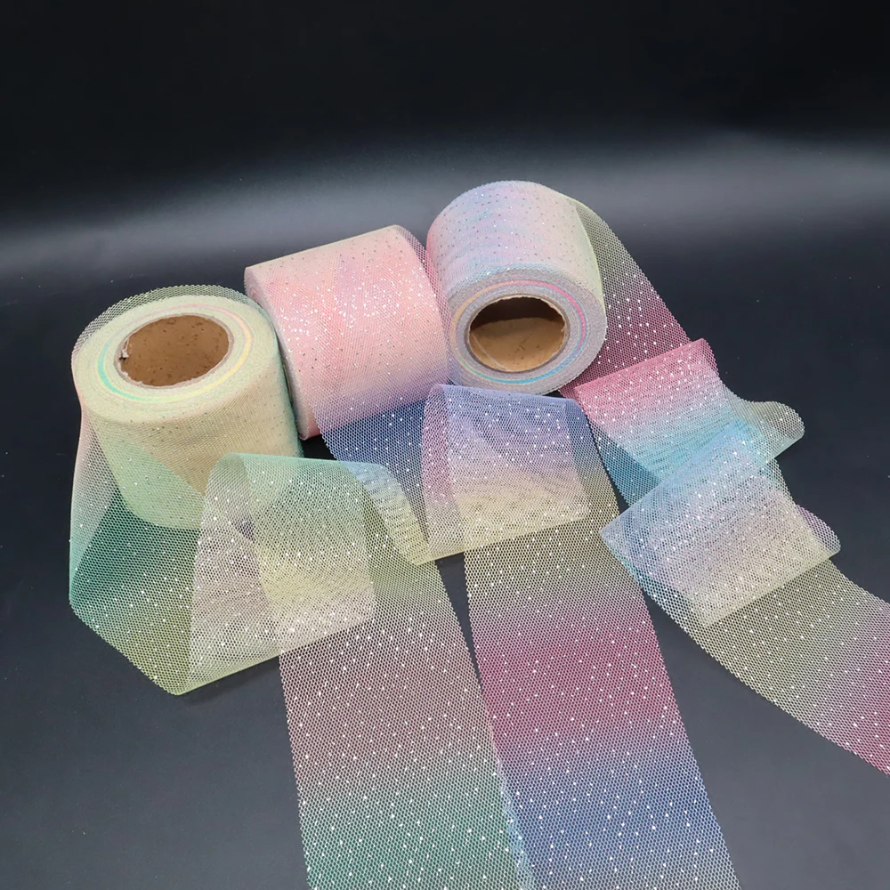 6cm Rainbow Gradient Tulle Ribbon Roll DIY Handmade Craft Hair Ornament Baking Decoration Craft Glitter Mesh Fabric Supplies