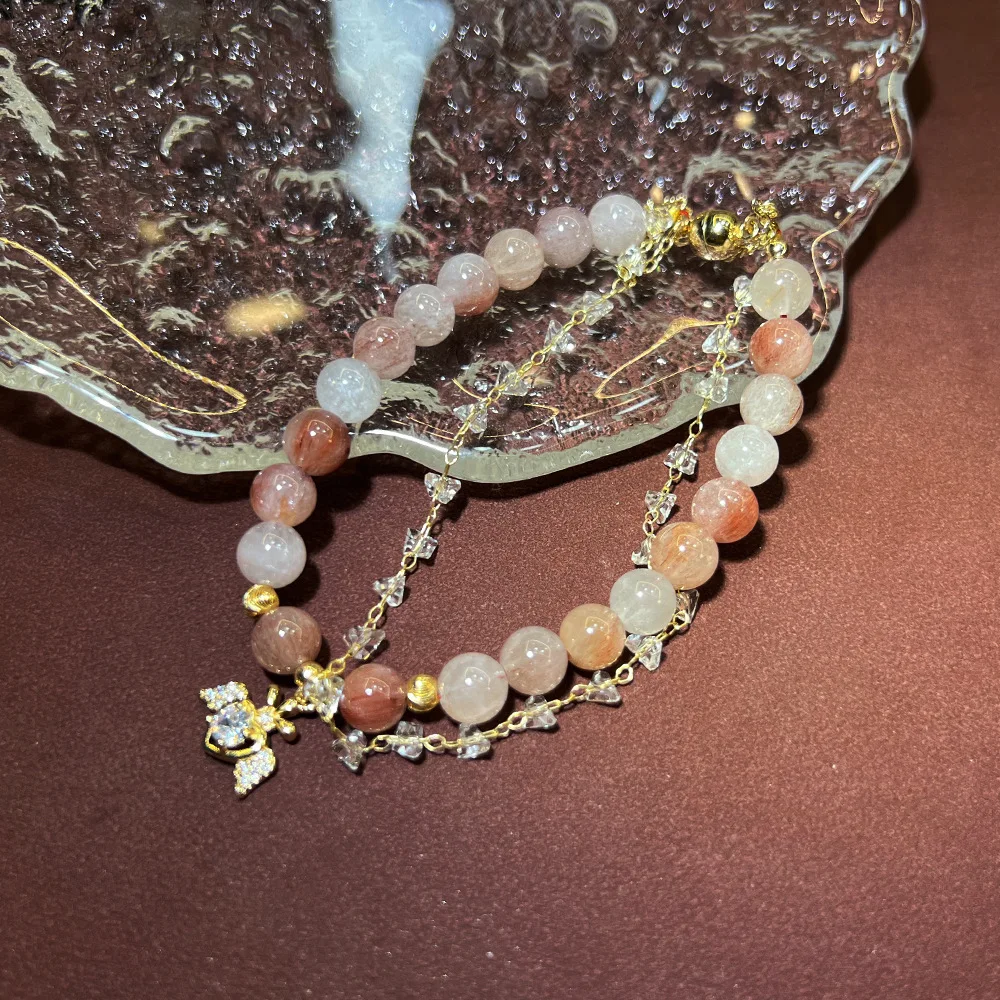 Original fairy peach blossom transfer natural red rabbit hair agate pearl bracelet new Chinese butterfly diamond bracelet wholes