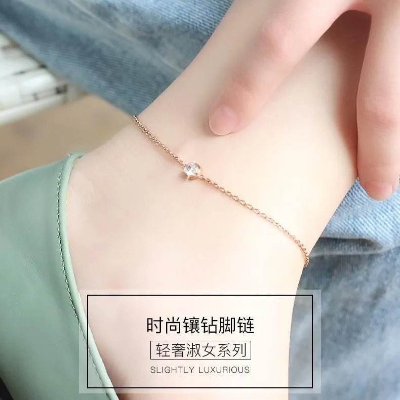 

Женский браслет на ногу из титановой стали с одним бриллиантом, не тускнеет, пляжные украшения, цепочка на ногу, ювелирные изделия из розового золота 18К.