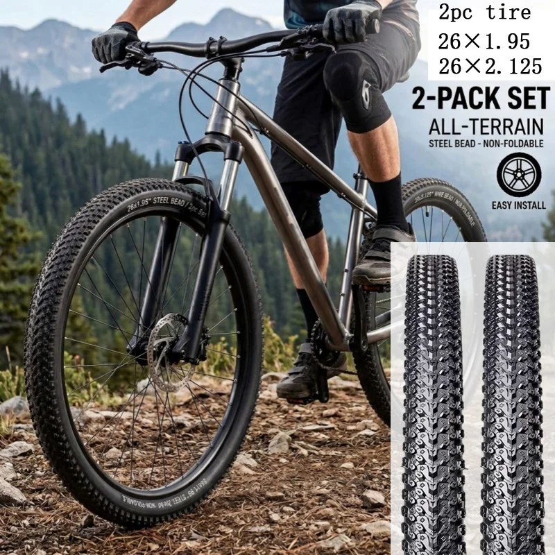 

2PCS 26 Inch Bike Tires 26*1.95 26*2.125 MTB Bicycle Tire Rigid Wire Bead Anti-Puncture Off-Road Cycling Replacement