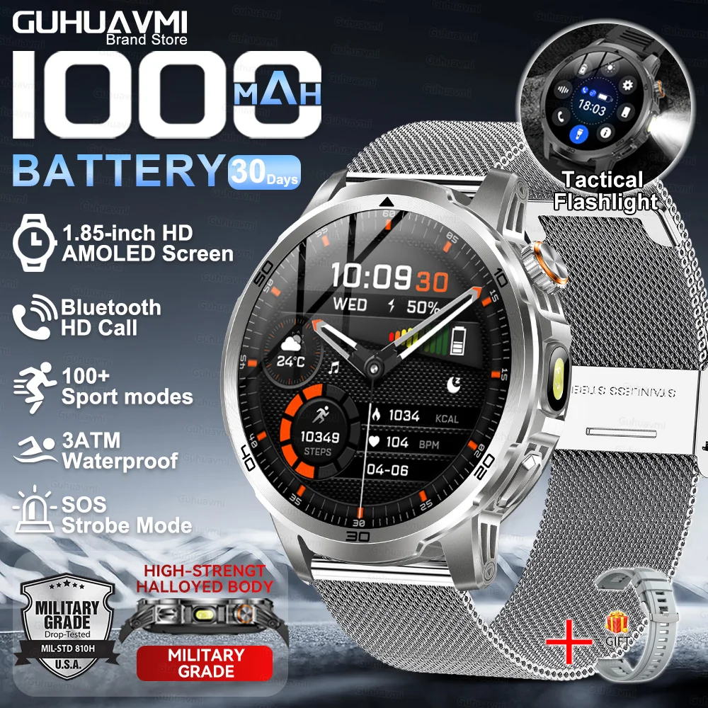 2026 Nieuwe Militaire Outdoor Smart Watch 1.85 '' AMOLED 1000mAh Grote Batterij 5ATM Waterdicht Spraakoproep Sport Mannen Fitness Bracel