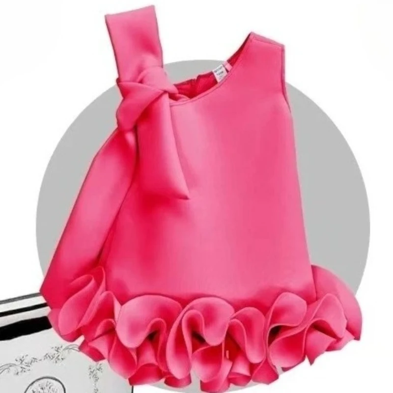 

Red Girl Dress Party Kids Girls Sleeveless Bow Dresses Costumes Birthday Elegant Princess Gown Children Sweet Fashion Outfits