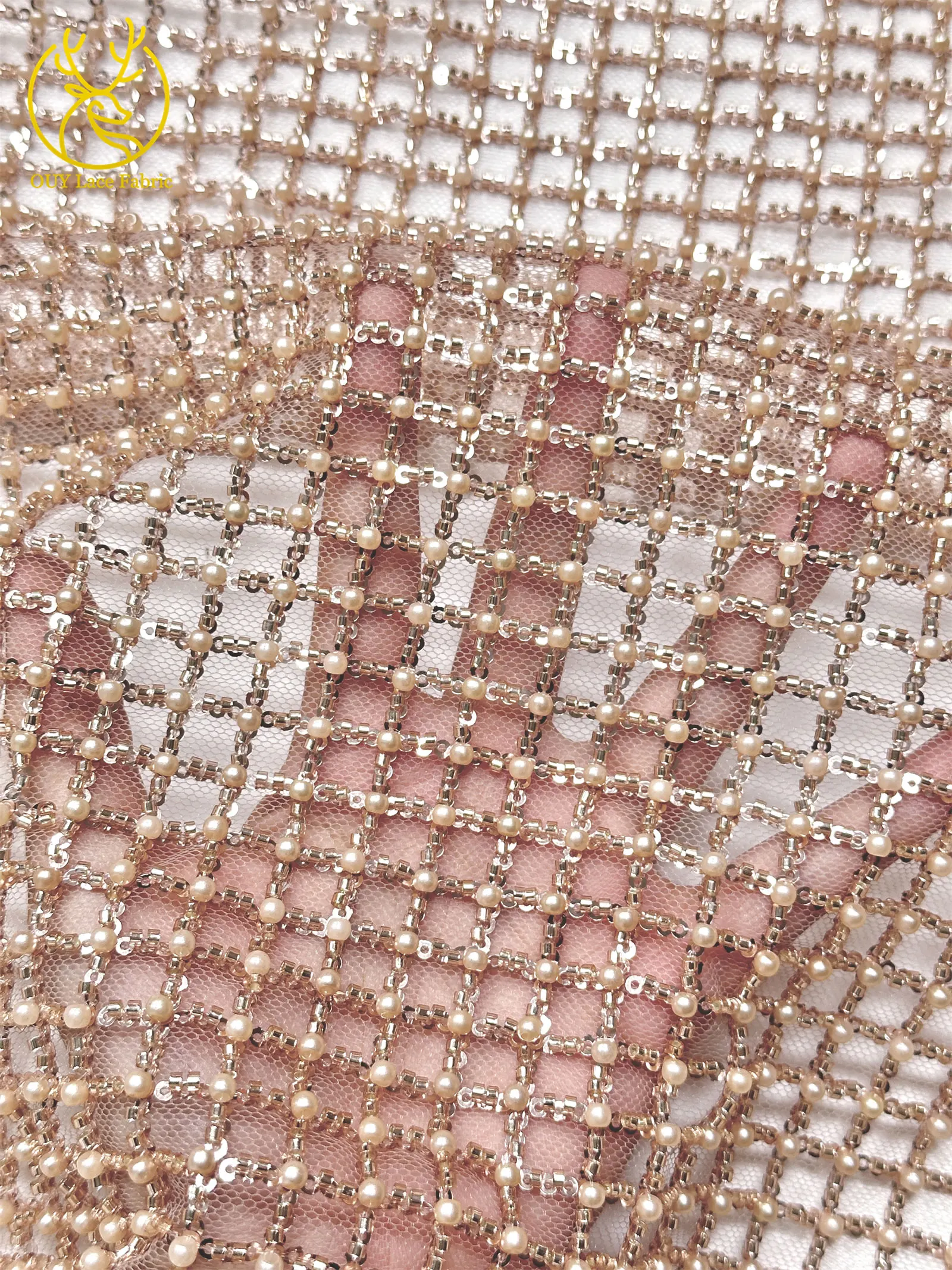 Luxuriöser Partykleid-Spitzenstoff, Tüll-Spitzenstoff mit Perlen, Hochwertiger Pailletten-Netz-Spitzenstoff für Hochzeitskleider, 5 Yards – Detail 9