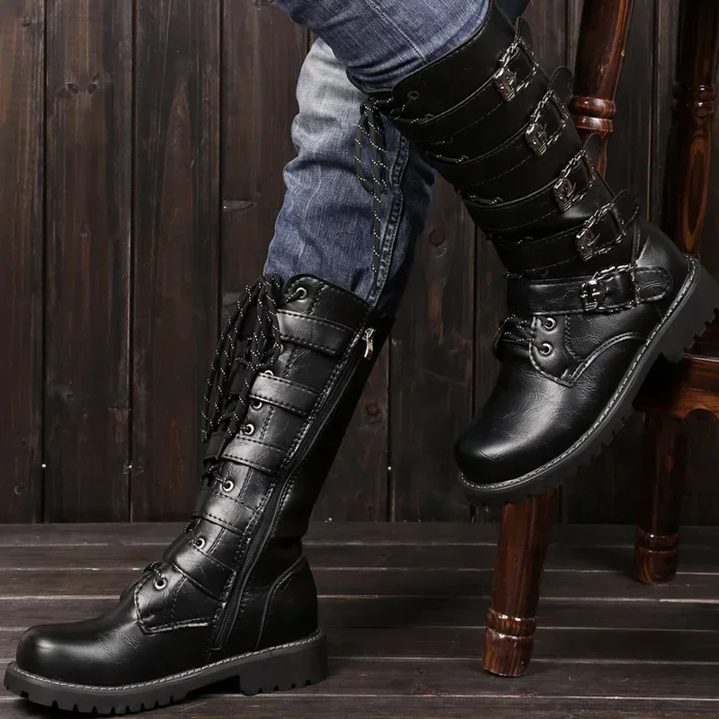 

High Top Platform Men's Leather Motorcycle Boots Mid-calf Knight Boots Gothic Belt Punk Boots Casual Men Shoes Black