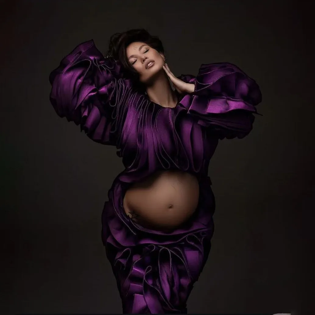 Vestidos de embarazo de color morado de lujo, vestido de maternidad plisado con mangas completas recortadas en capas, плаajtе для бем Iyoм Jaya