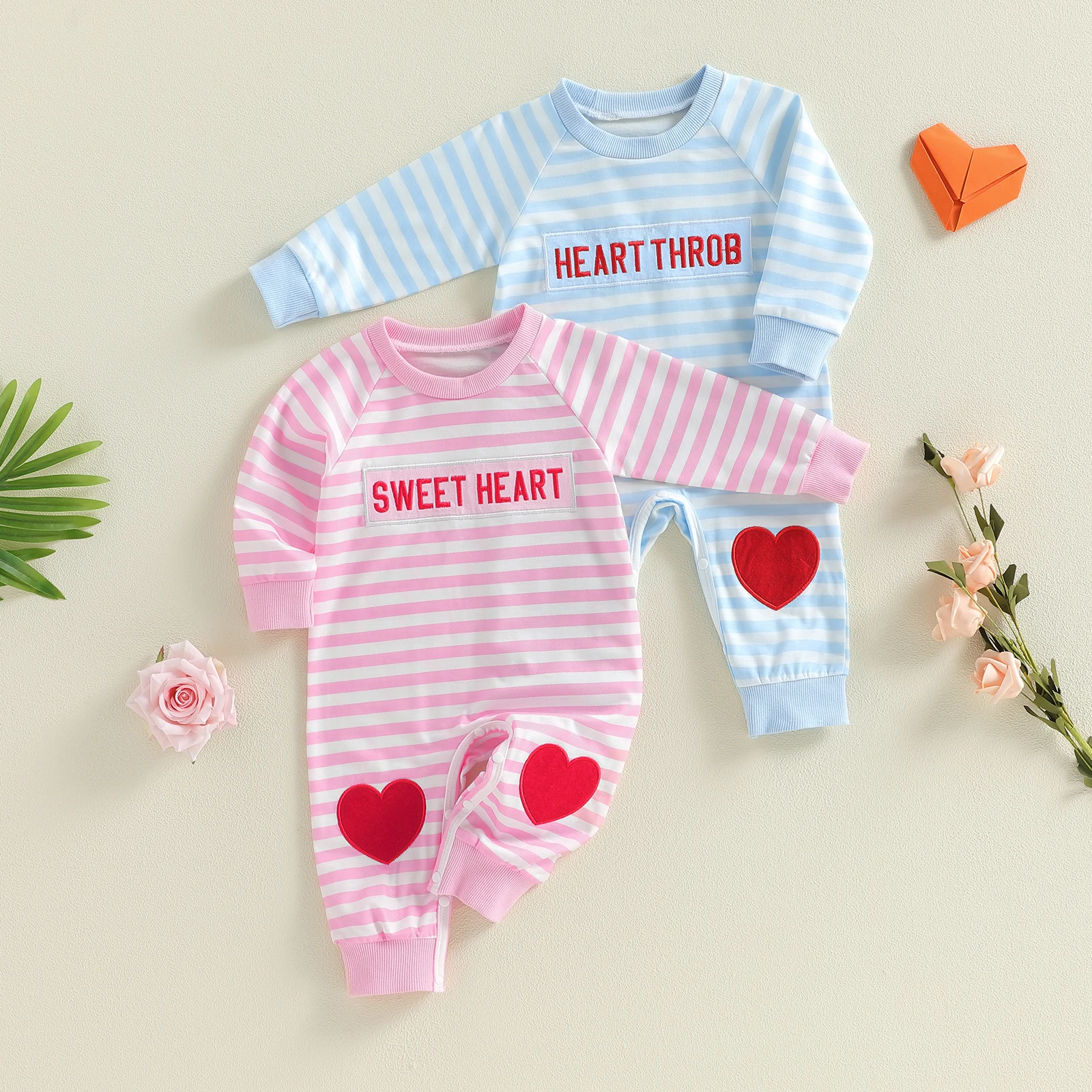 Spring Baby Jumpsuit Long Sleeve Crew Neck Plaid/Stripes Embroidery Romper Valentine’s Day Clothes for Boys Girls