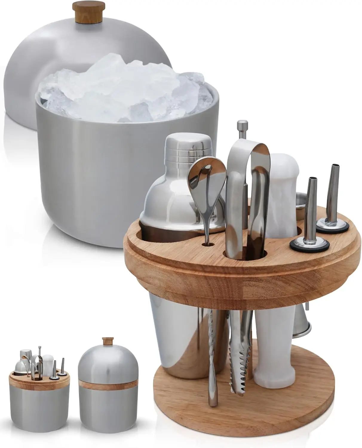 

Complete Cocktail Set with Stainless Steel Ice Bucket, Wooden Organizer, Shaker, Jigger, Muddler, Spoon, Tongs