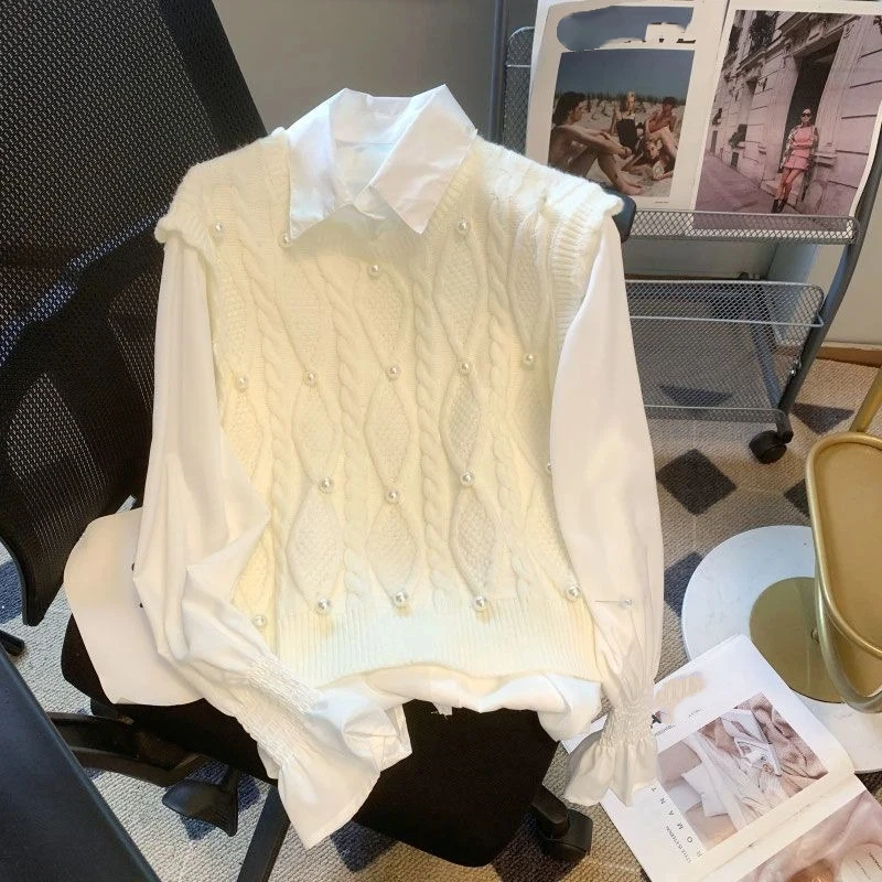 

French Gentle Style Sweet Beaded Vest Vest Women's Spring Design Premium Bell Sleeve Polo Shirt Two-piece Suit