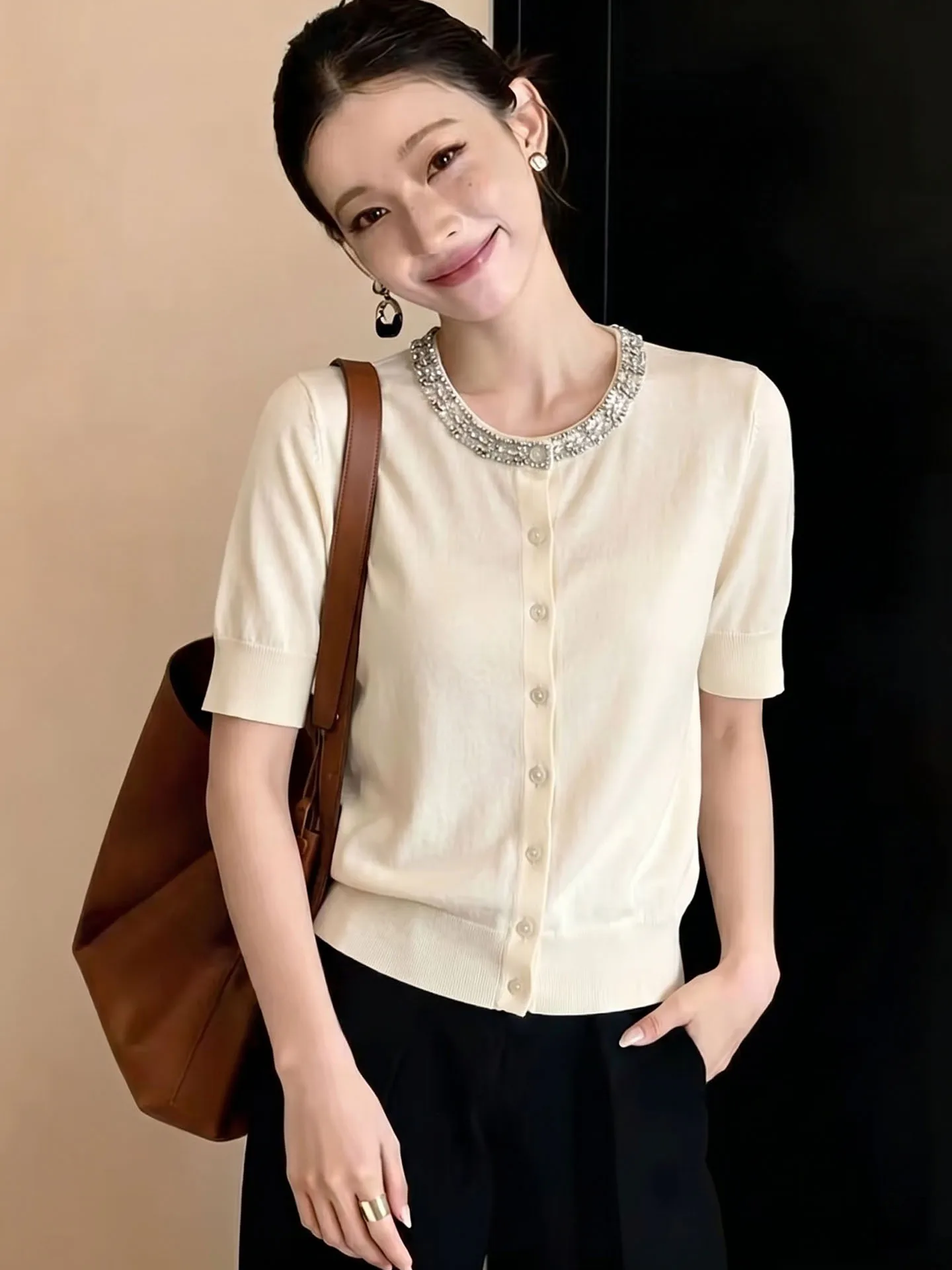 Elegant round Neck Knitted Top with Heavy Embellishment Single Button Short Sleeve Women's Fashionable Commuting Sunscreen Shirt