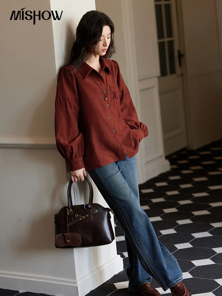 MISHOW Red Milled Shirt Women 2024 Autumn Winter New French Retro Design Turn Down Collar Lantern Sleeve Blouse Tops MXD45C0328