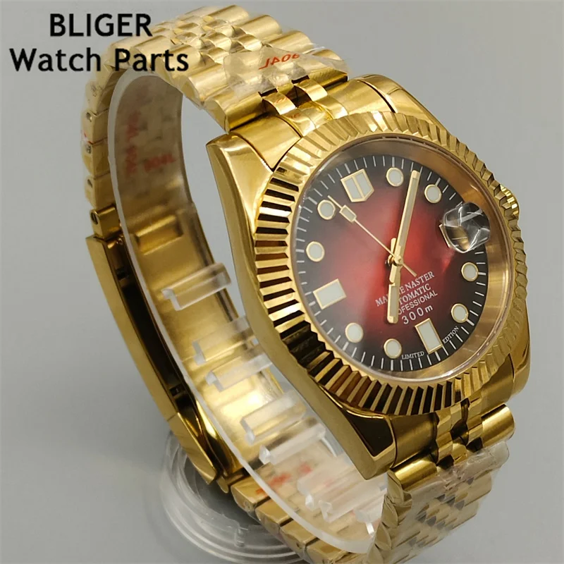 BLIGER Gold watch  Bezel NH35A 36MM/39MM Automatic Men Watch Palm Dial red Index Sapphrie Crystal Jubilee Strap