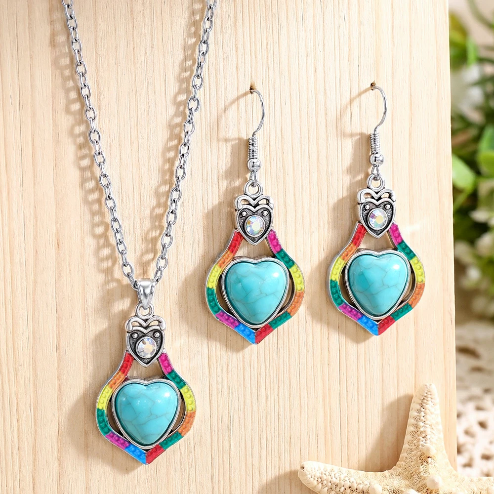 Bohemian Rainbow Heart Turquoise Jewelry Set Vintage Drop Distressing Earrings Necklace Ethnic Vacation Charm Women Accessories
