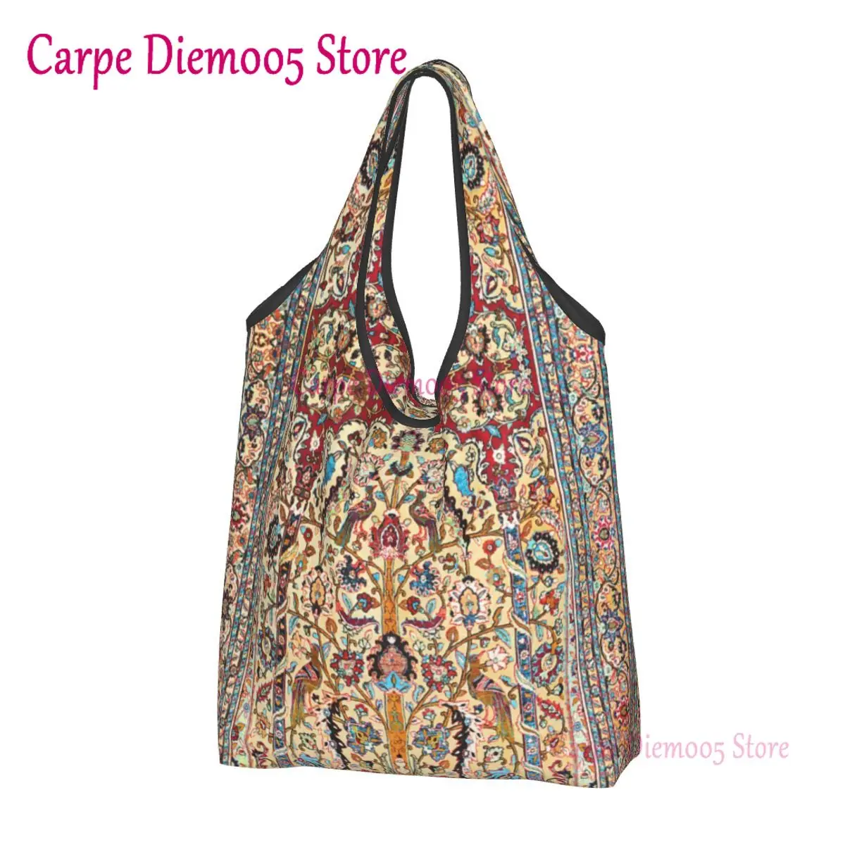 

Antique Silk Persian Carpet Shopping Bag Portable Large Capacity Groceries Bohemian Turkish Ethnic Kilim Tote Shopper Bags