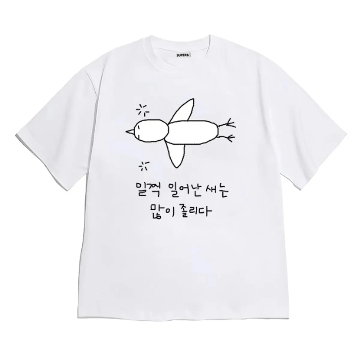 Women Korean Streetwear T Shirt Funny Simple Doodle Bird Hangul Letter Graphic Tee Summer Loose Crew Neck Cotton Casual Y2k Tops