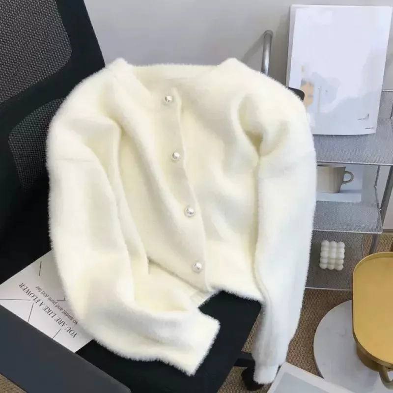 Autumn And Winter Lazy Knitted Jacket Imitation Mink Velvet Knitted Sweater Solid Color Round Neck Pearl Button Cardigan