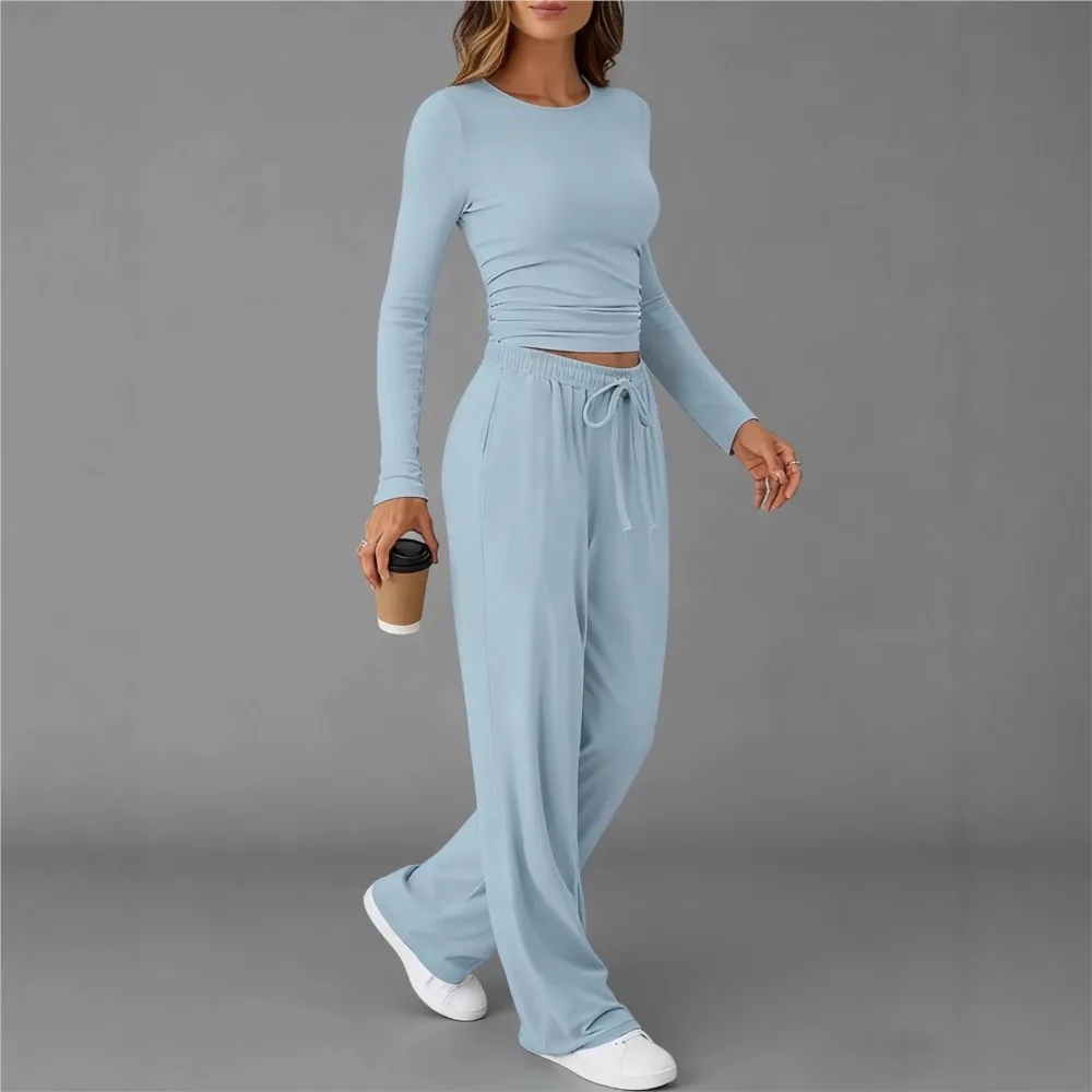 

Повседневная однотонная футболка с круглым вырезом и длинными рукавами, женские брюки, комплект из 2 предметов, повседневные спортивные брюки на шнуровке, женский комплект домашней одежды