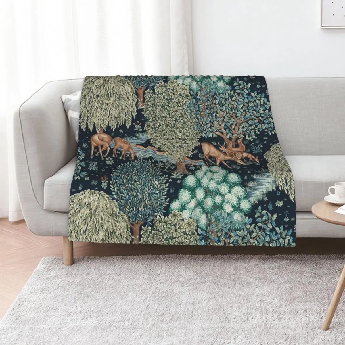 FOREST ANIMALS, DEERS BY A BROOK Blue Green Floral Throw Blanket Softest Hairy Flannel Fabric Beautifuls Blankets