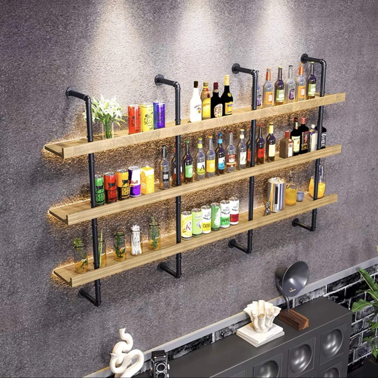 #Industrial windwrought iron solid wood wall bookshelf wall hanging luminous shelf desktop bedroom kitchen baffle wine rack deco