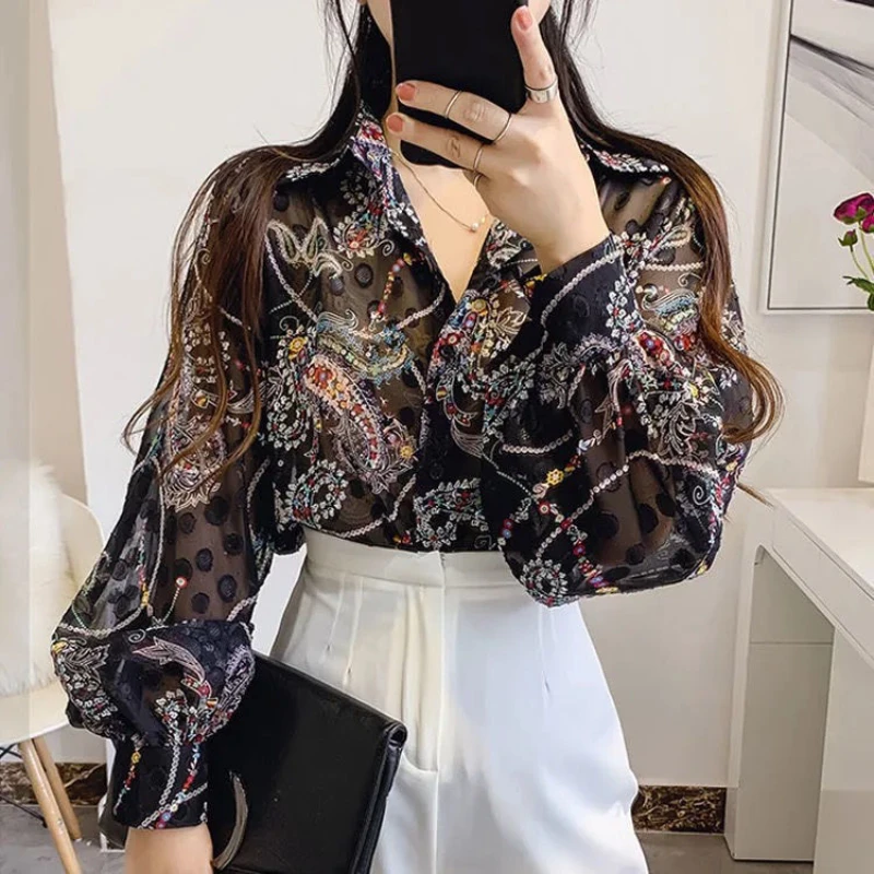 Camisetas de manga farol con estampado de flores para mujer, ropa informal de punto abierto, Tops de gasa con botones y cuello vuelto, verano 2022