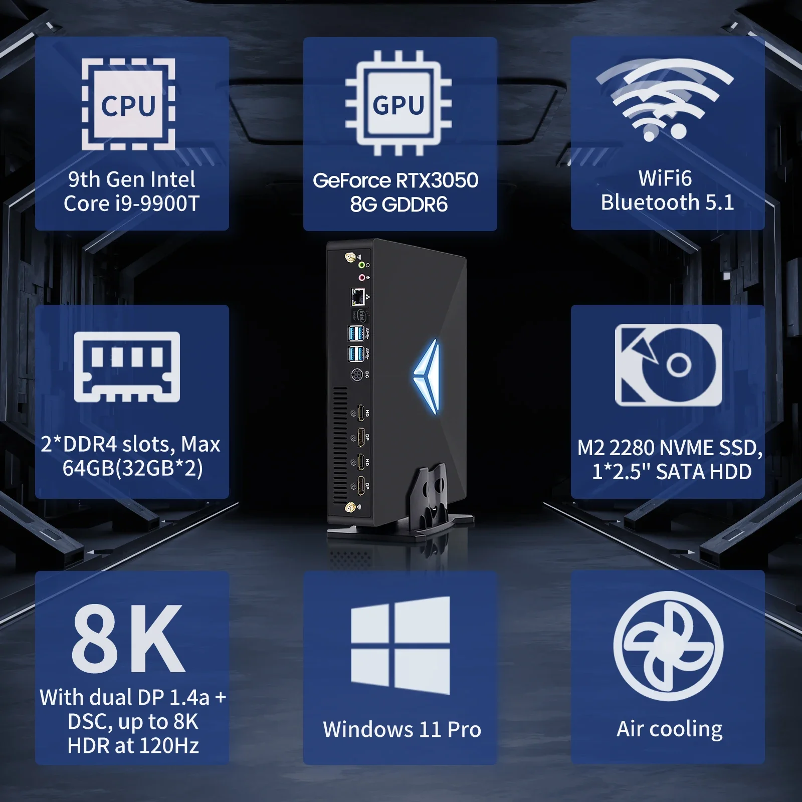 Imagem -03 - Game Mini pc Intel Core I9-9900kf Rtx3050 8g Cartão Discreto Computador Desktop Escritório Minipc Ddr4 Nvme Ssd Msecore-mv200