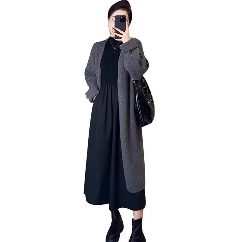 Deep Autumn and Winter Plus Size Women\'s Black Dress Lazy Style Long Cardigan Sweater Dress Two-piece Set New in Matching Sets