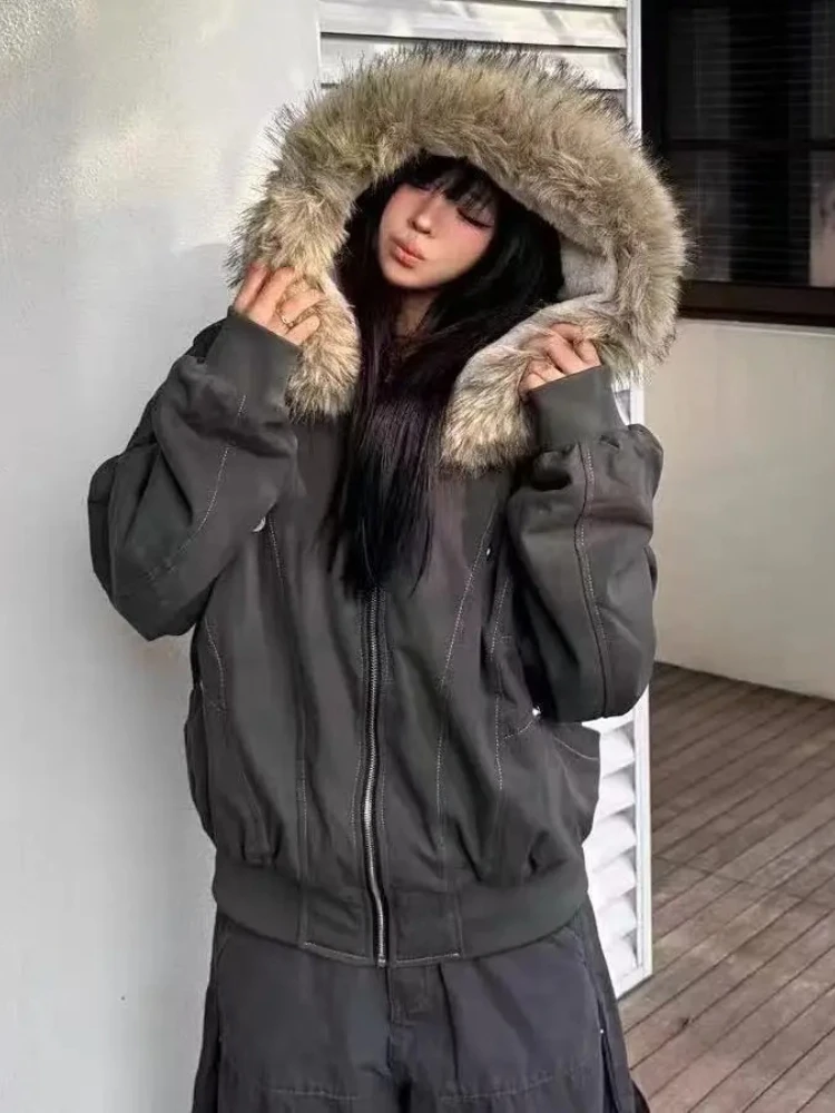 

2000-е годов High Street элегантное меховое лоскутное пальто с капюшоном утепленная корейская уличная одежда на молнии свободная куртка Y2k 2025 новый зимний женский топ