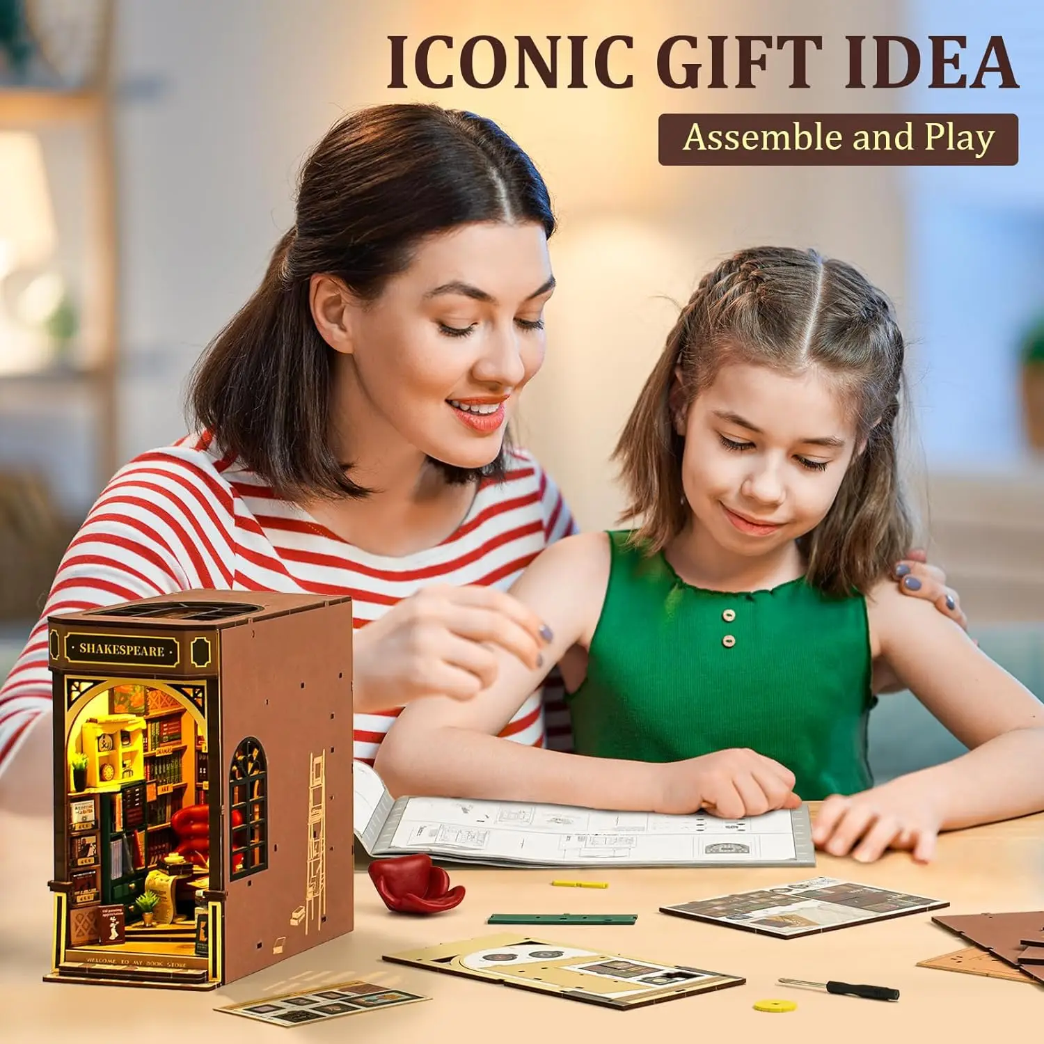 Robotime Book Nook Kit DIY Miniaturowy zestaw domowy Półka na książki z diodą LED Retro Drewniane puzzle Hobby Prezent dla dorosłych