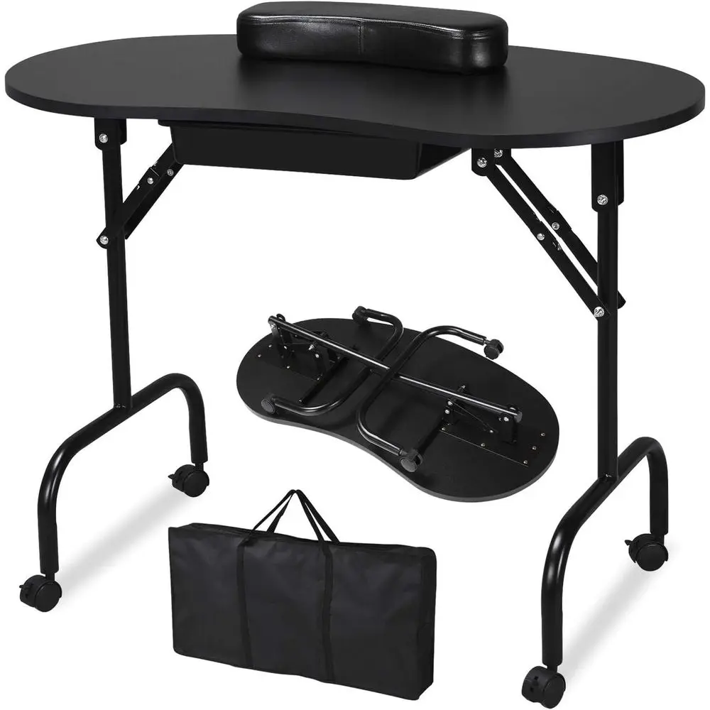 37-inch Portable & Foldable Manicure Table Nail Desk Workstation with Large Wrist Pad/Controllable Wheels/Carrying Case Beauty S