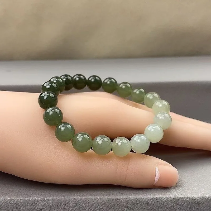 Hetian Round Beads, Light Green Gradient , 8Mm, Unisex Single-Loop, 8Mm White Jade Bracelet