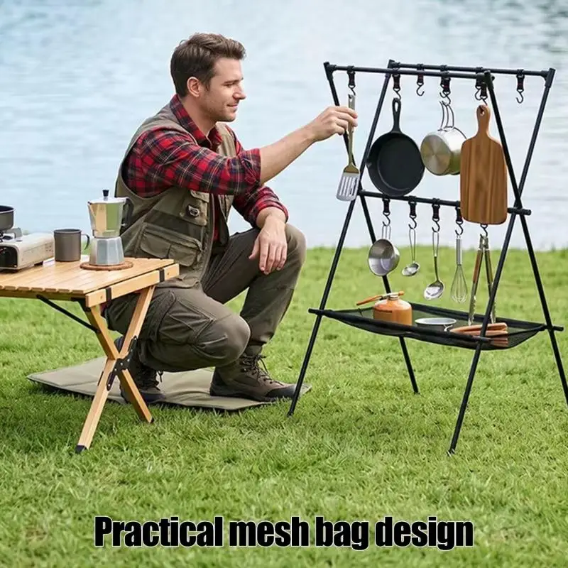 Folding Camping Storage Rack for Cookware and Gear with Aluminum Frame, Multiple Hanging Points, Open-Weave Shelf, and Easy 69HD