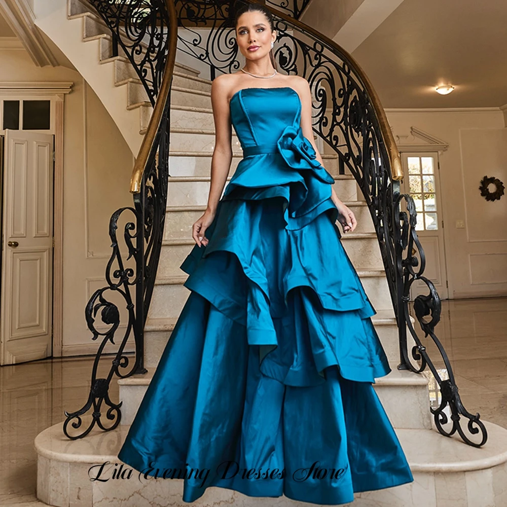 Robe de soirée élégante personnalisée en satin, sans bretelles, longueur ras du sol, coupe trapèze, sans manches, avec fleurs délicates, pour célébrités