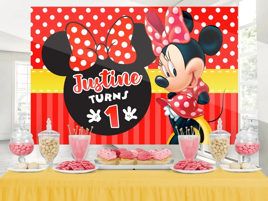 Fondo de Minnie Mouse rojo con nombre personalizado, telón de fondo de feliz cumpleaños para estudio fotográfico, lunares, Baby Shower, fotomatón de vinilo