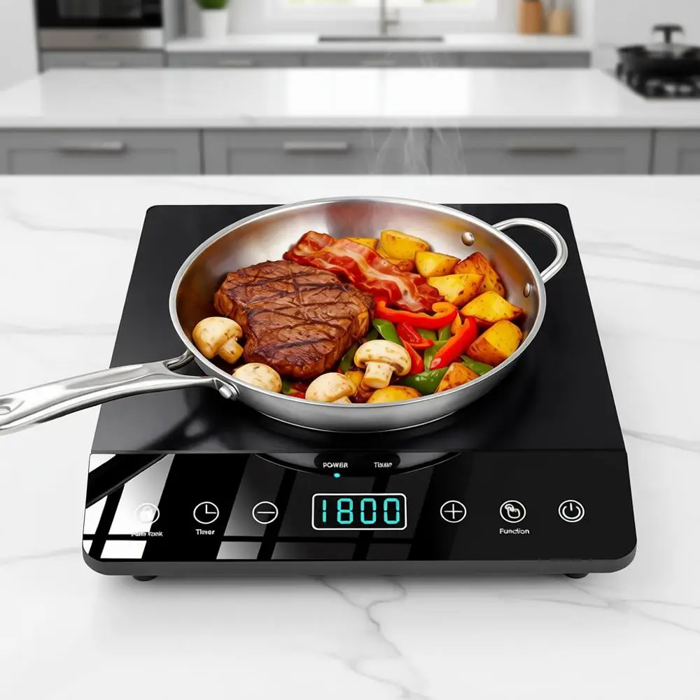 

Портативная индукционная плита мощностью 1800 Вт, нагревательная спираль 8 дюймов, 12 температурных режимов до 465 градусов. ℉ Таймер на 3 часа, защитный замок