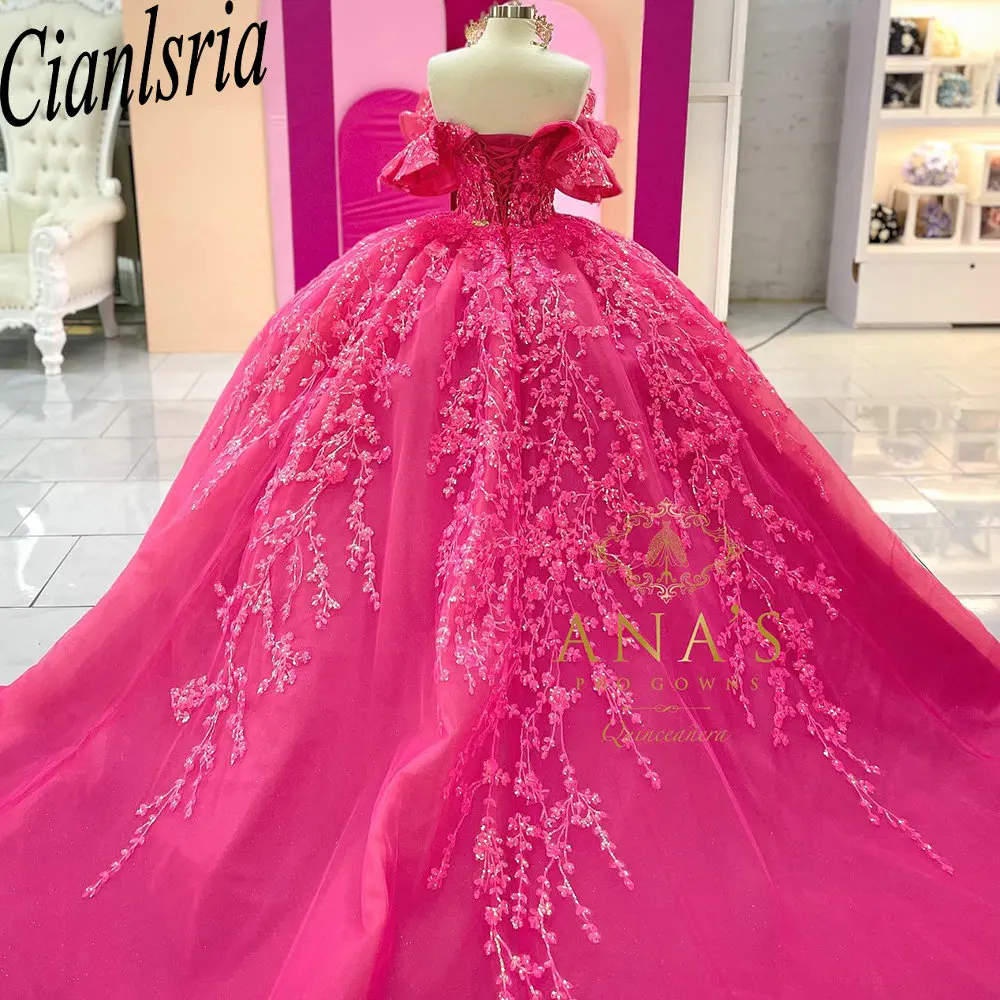 Vestido De baile De encaje con lentejuelas y volantes fucsia, quinceañera, corsé con hombros descubiertos, 15 Años