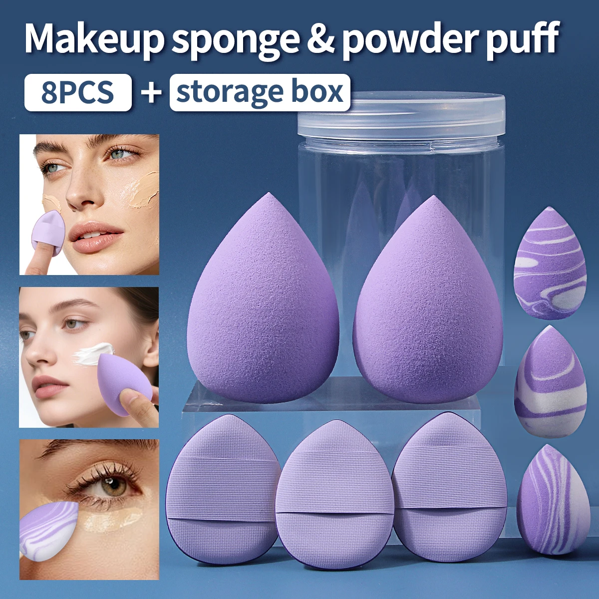 8PCS+Storage box,Purple Makeup Sponge & Powder Puff Set with Clear Storage Box, Teardrop sponge,Triangle Puffs&Marbled Sponges