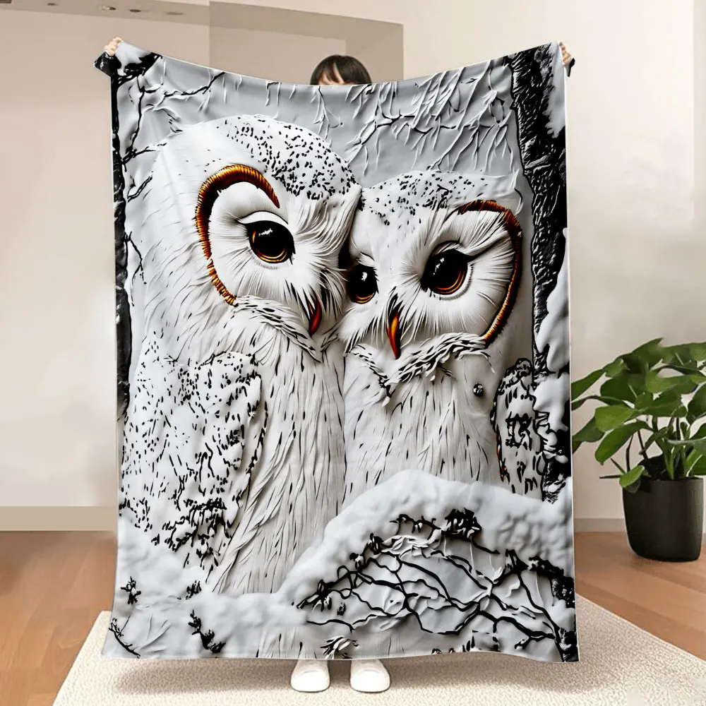 Winter Owl Blanket - White Snowy Scene with Black Speckled Owls, Soft Textured Embossed Design, Perfect for Cold Nights, Wintry