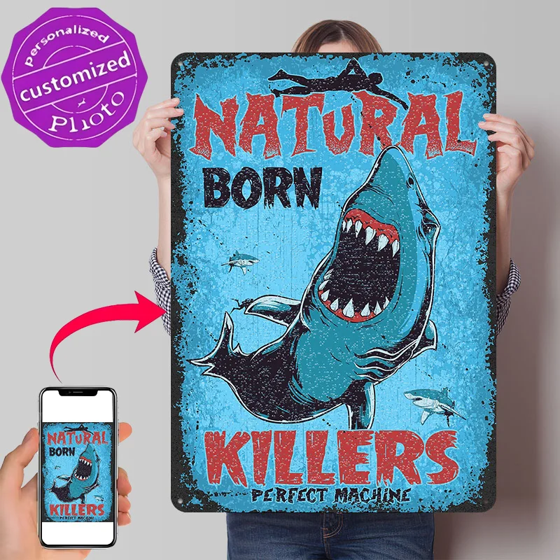 Sharks Natural Born Killer 3D Printed Texture Poster Personalized Wall Art Retro Metal Tin Signs for Home Decor Items Wand Deko