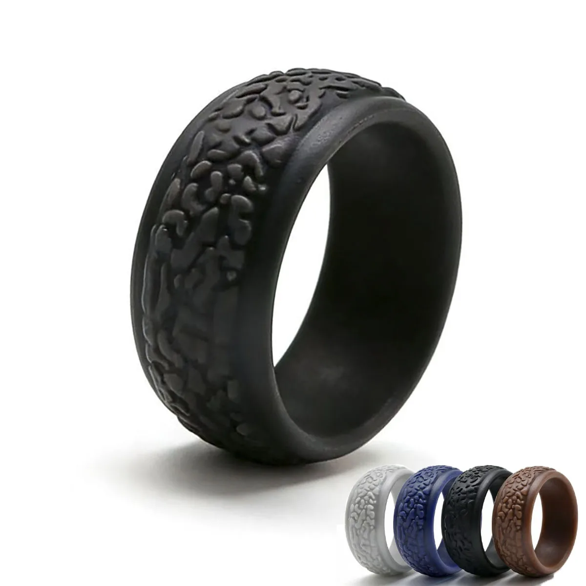 1pc 8.7mm Grouper Pattern Silicone Ring Sports Explorer Outdoor Running Rubber Bands Finger Rings Comfortable Great Gift for Men