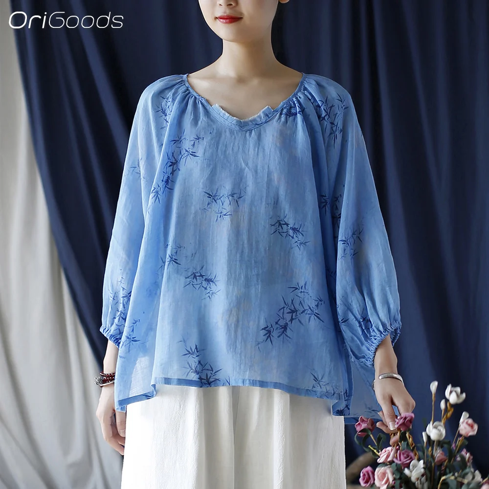 OriGoods Ramie Blouse Women Loose Thin Ramie Fabric Summer Shirt Kawaii Cute Japanese Style Print Blouse 2024 New Top X097