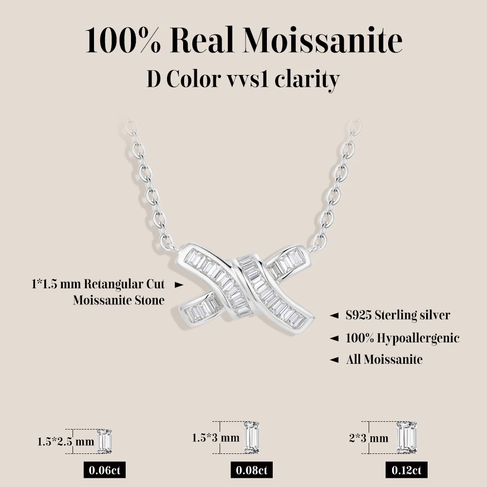 MINTYBOX Rectangular Cut DVVS1 Moissanite Necklaces for Women S925 Silver Dainty Knot Pendant Anniversary Birthday Gifts Jewelry
