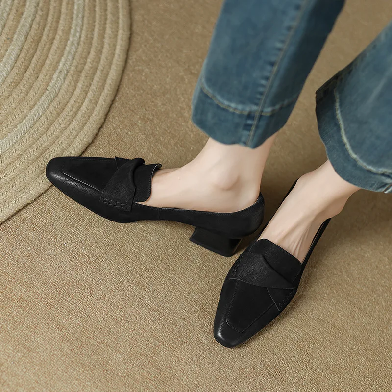 Female Shoe French Thick Heels High Heels Shoe Women British Pointed Loafers Shoe One Foot Leather Shoe RetroSingle Shoe Tacones