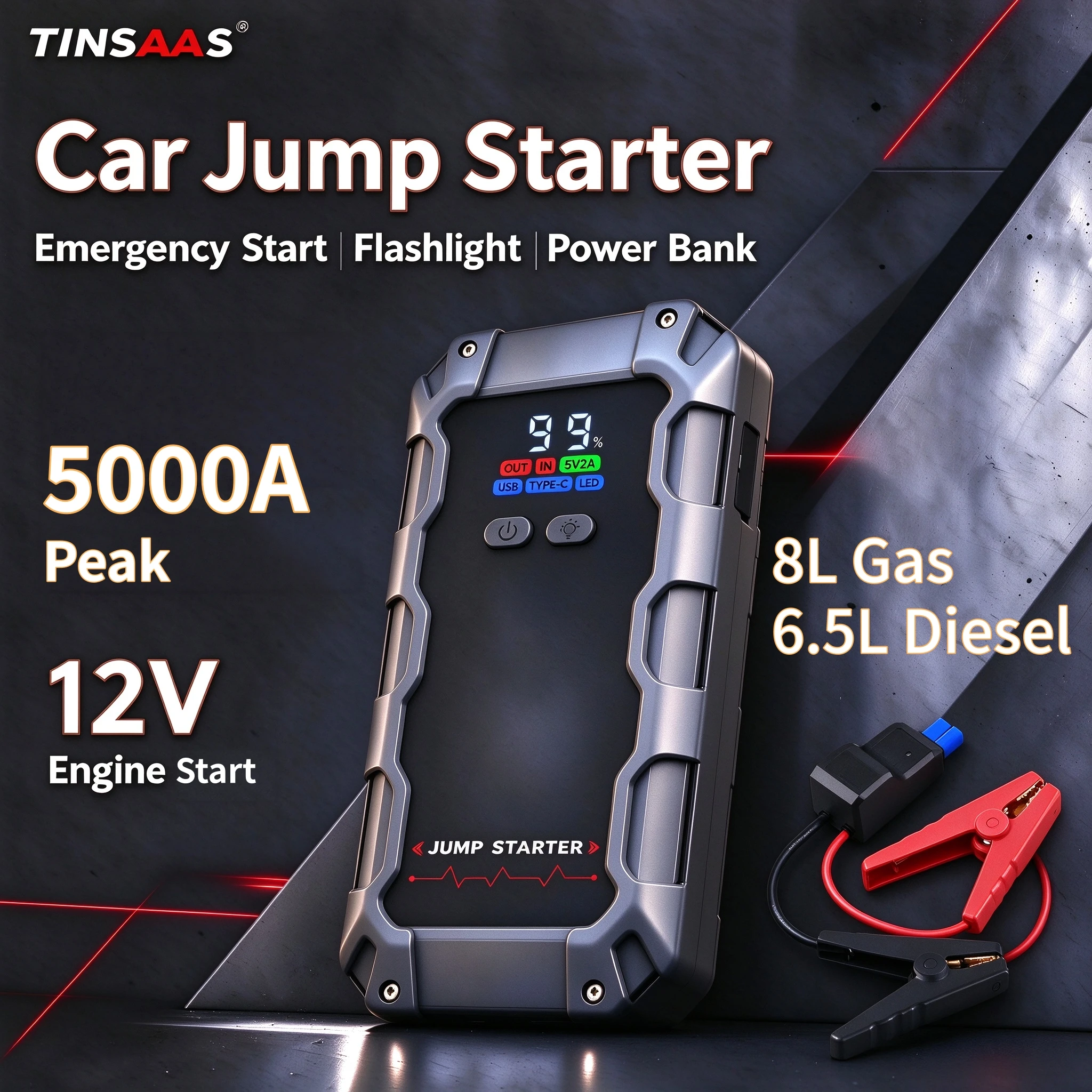 Car Jump Starter 3-in-1 5000A Current With Led 12V Car Battery Emergency Booster Starter Device Car Starter