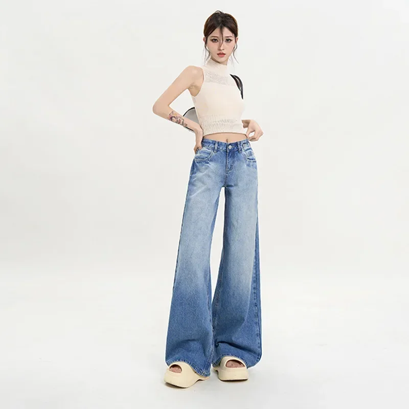 

Jeans Wide Leg Pants Women Streetwear Floor Length Low Waist Washed Distressed Pockets 2025 Vintage Denim Straight Trousers