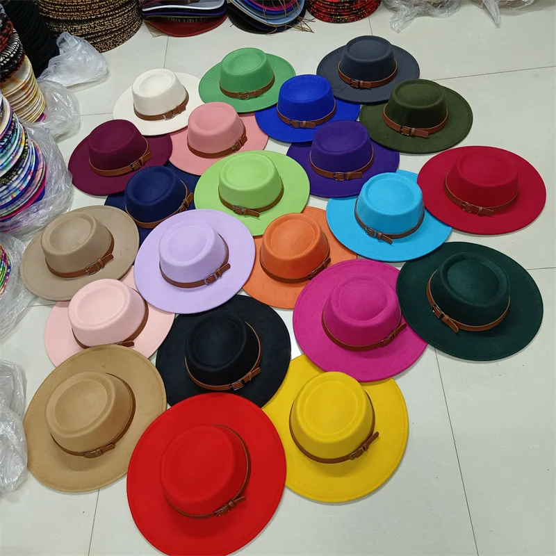 Wholesale price fedora hat winter round convex flat top belt accessories rose red felt jazz hat for men and women fedora gorras