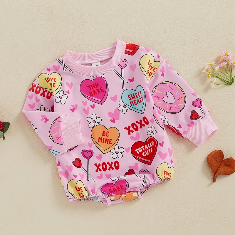 Baby Girl Spring Romper Long Sleeve Round Neck Heart Lollipop Print Bodysuit Newborn Outfit