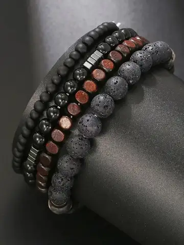 4Pcs/Set Black Gall Stone Volcanic Stone Wood Beads Multi-layer Men's Combination Elastic Bracelet For Couple Friends Jewelry