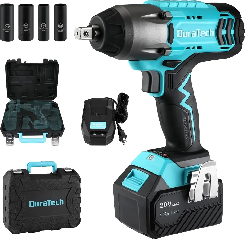 

DURATECH Cordless Impact Wrench - Gifts for Dad, 20V Impact Gun, 1/2'' Drive, 330 Ft/lbs Max Torque, with 4 Impact Sockets