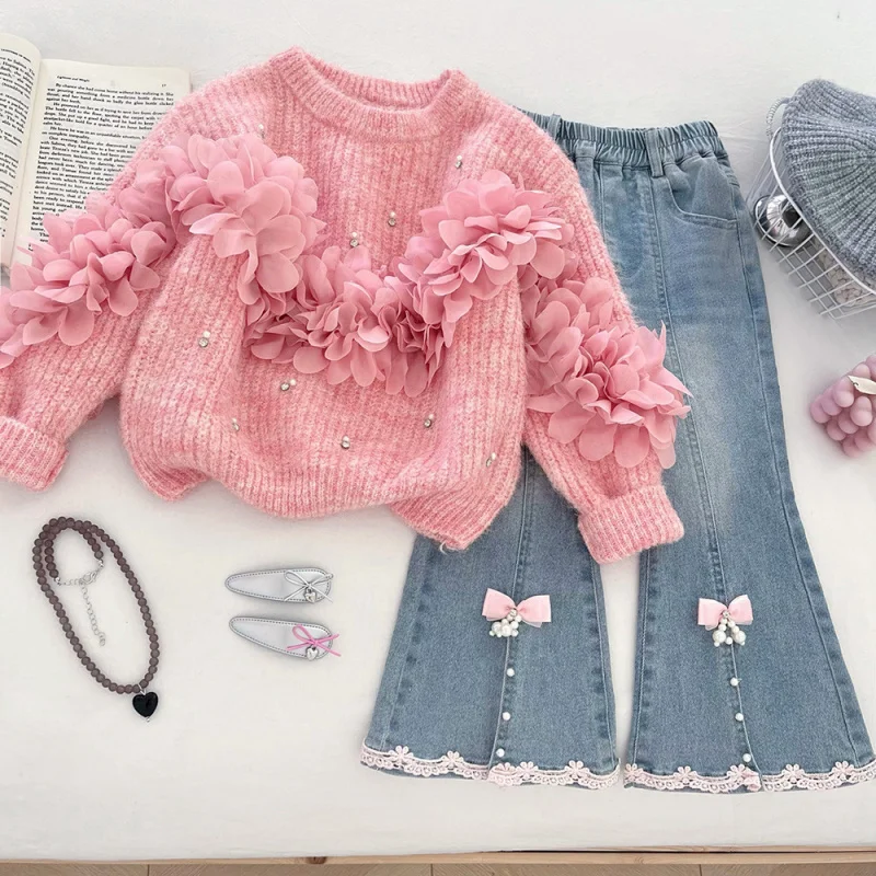 

Girls' Three-Dimensional Flower Sweater Set for Autumn2025Knitted Sweater Flared Pants Jeans Two-Piece Set Trendy