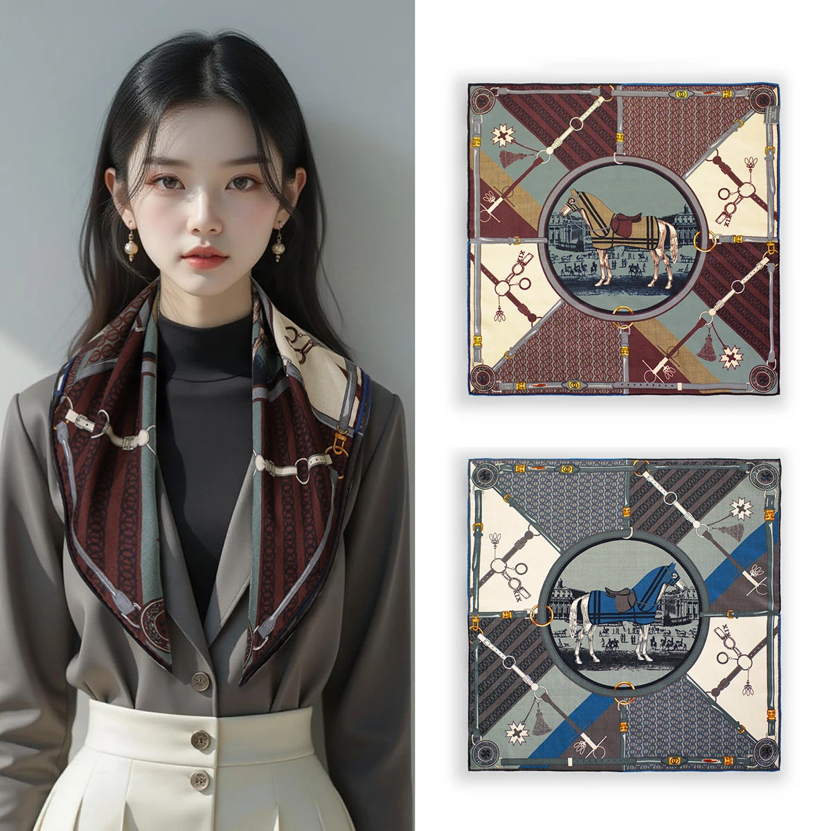 Double Sided Print Scarf 65CM Women Square Bandanas Hand Rolled Edge Scarfs Hair Clothing Bag Accessories Lover Christmas Gift