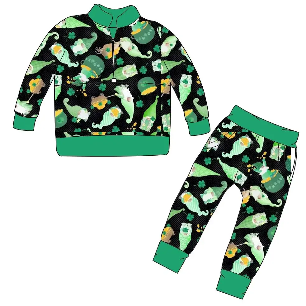 Hot selling St. Parker boys and girls unisex long-sleeved pants suit four-leaf clover pattern milk silk fabric